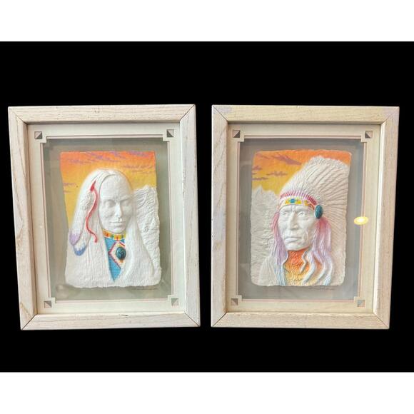 Signed Wess Framed Cast Paper Sculpt Chief/Squaw Native American Artwork 1991